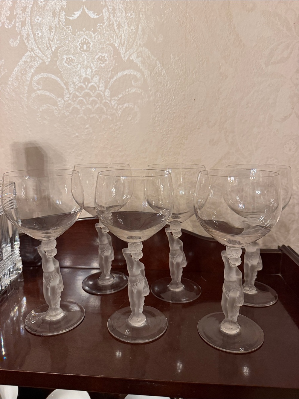 Set of 6 vintage France Bayel Bacchus stem figure crystal goblets, wine glasses